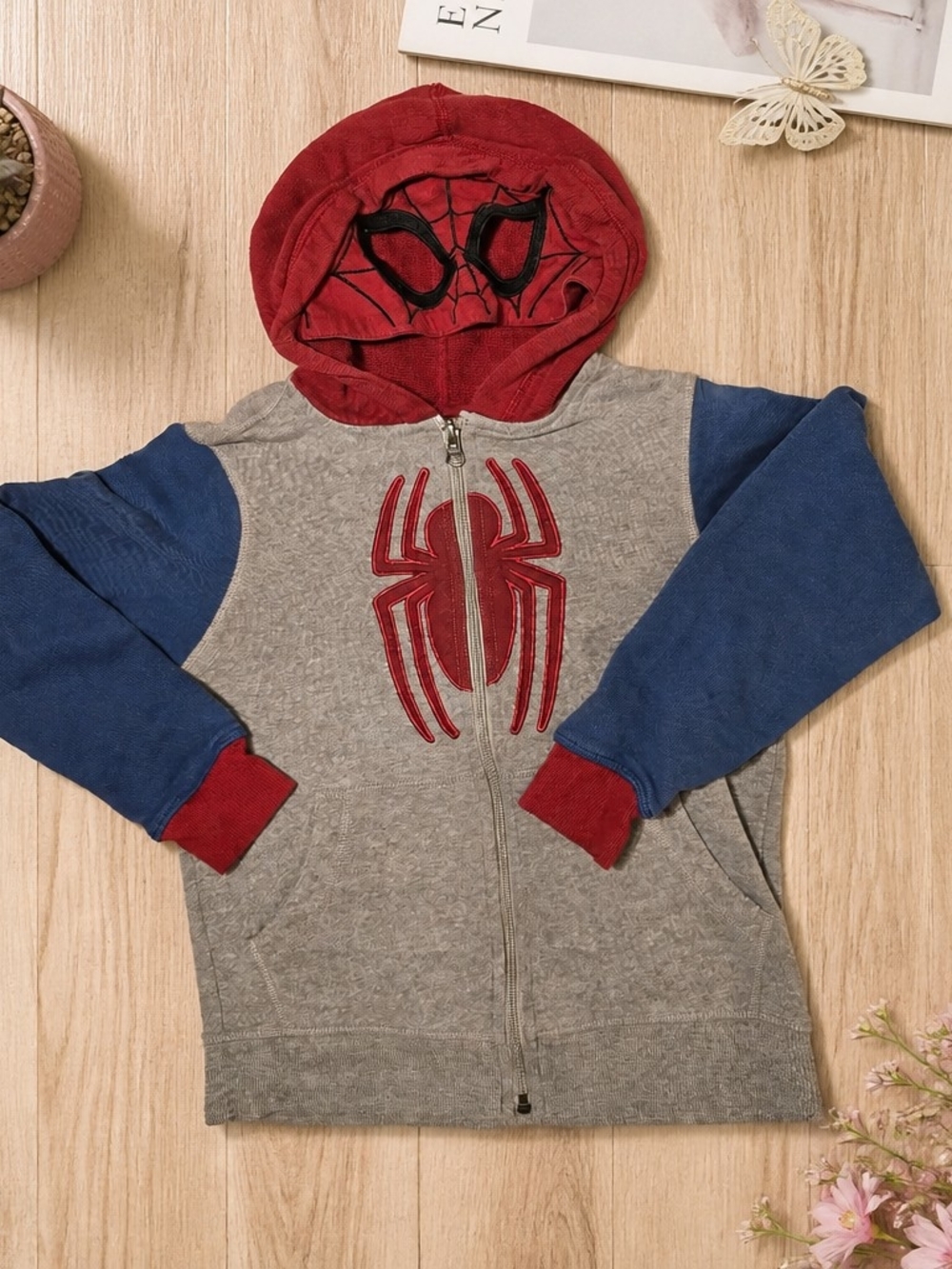 Marvel Spider-Man Zip Hoodie Mask Gray Blue Red Boys Size 8 130 cm